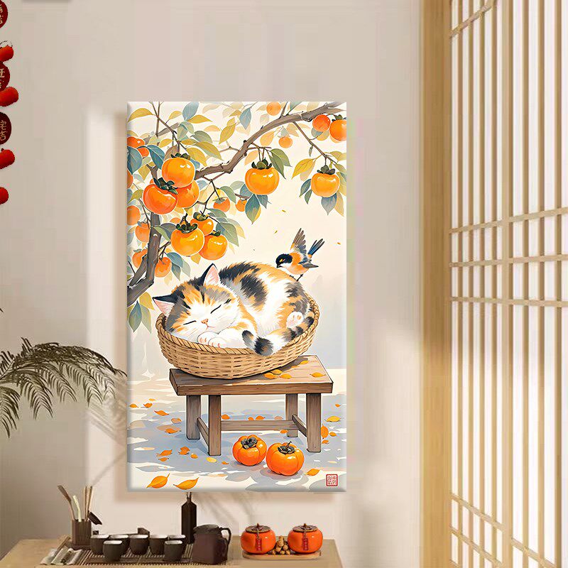 猫咪柿如意diy数字油画丙烯填充手绘猫与柿子治愈减压油彩涂色画