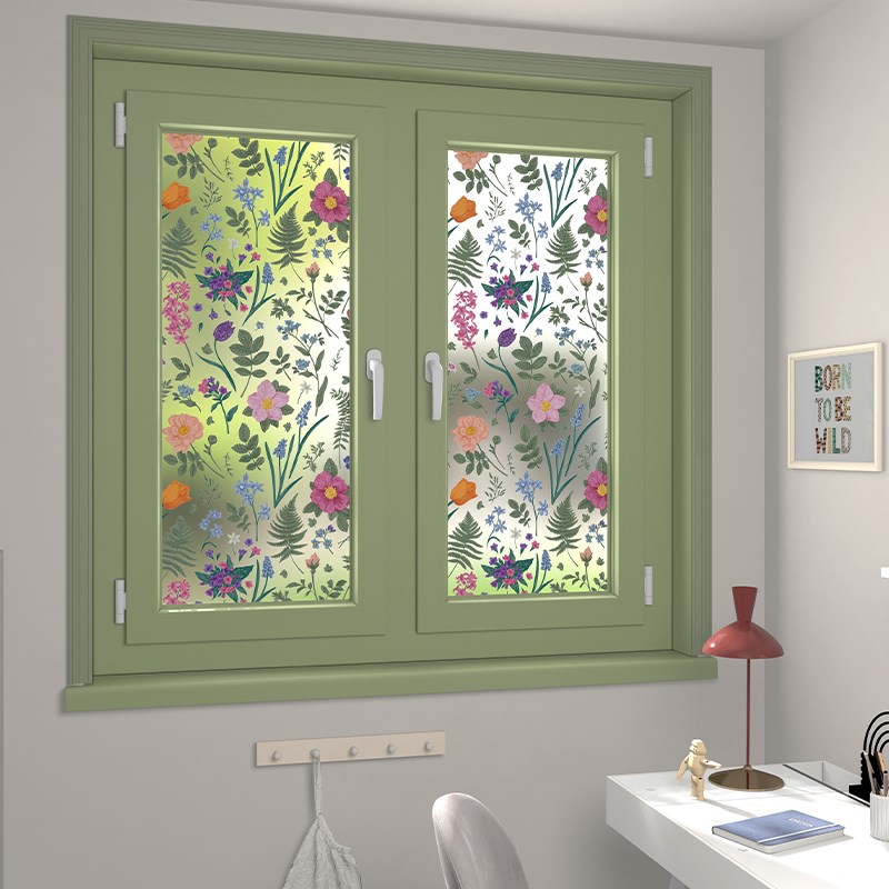 厨房窗贴纸花卉玻璃窗磨砂贴浴室房间窗户无O胶防窥静电贴膜可定