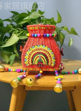 新款珠帘小c背54041篓庙会景区热竹编藤编鱼篓儿童背篓彩色背兜风