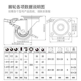 1寸1.25寸1.5寸2寸万向轮脚轮超静音软橡胶轮定向万向脚轮刹车轮