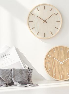 MJK日式家用超静音挂钟客厅卧室简约现代装饰挂表木质石英钟圆形