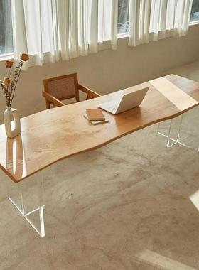 亚克力悬浮实木餐桌北欧日式简约客厅大板工作台办公桌家用极简木