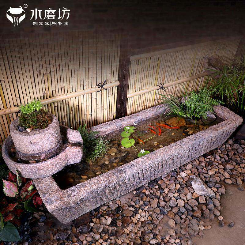 水磨坊创意庭院马槽循环流水摆件景观造景花园民宿石磨养鱼池装饰