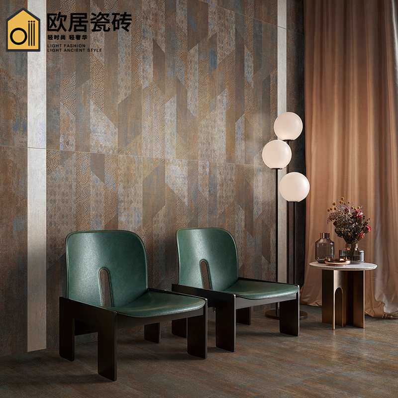 新中式仿金属铁锈砖600x1200酒店餐厅背景墙砖服装店复古防滑地砖