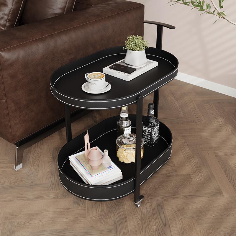 轻奢马鞍皮可移动客厅沙发边几小推车茶几客厅家用带轮收纳置物架