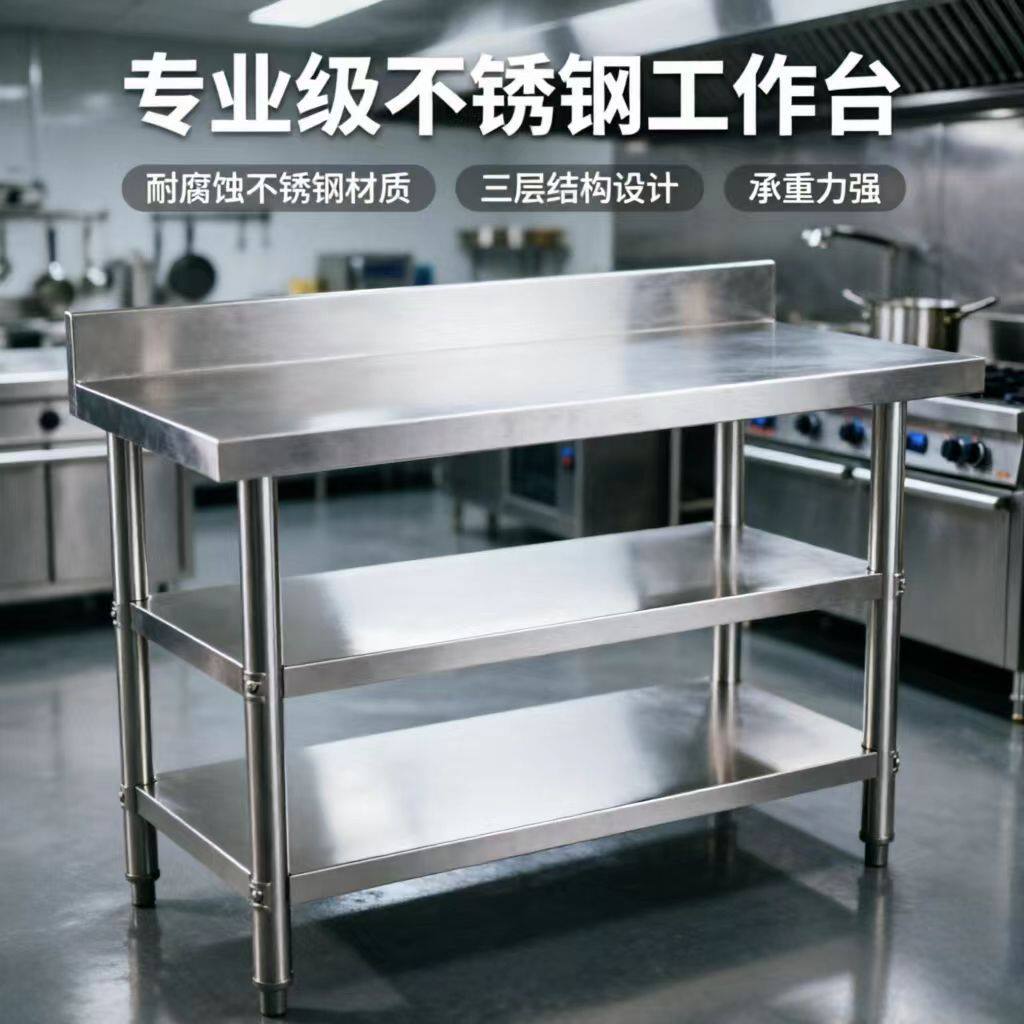 跨境不锈钢打包台工作台201材质商用三层带背板操作台厨房桌子