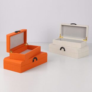 轻奢皮质编织纹橙色灰色弧线拱门高级感梳妆台首饰收纳盒装饰摆件