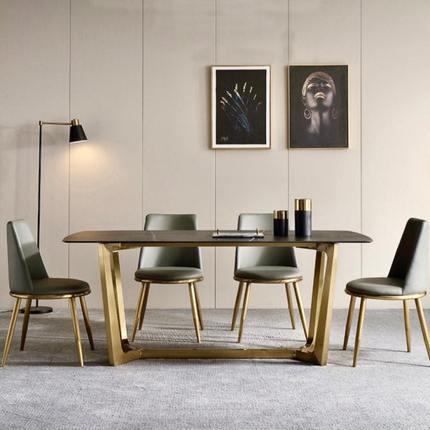 轻奢极简长方形岩板餐桌伸缩现代简约金属港式餐台时尚餐椅桌组合