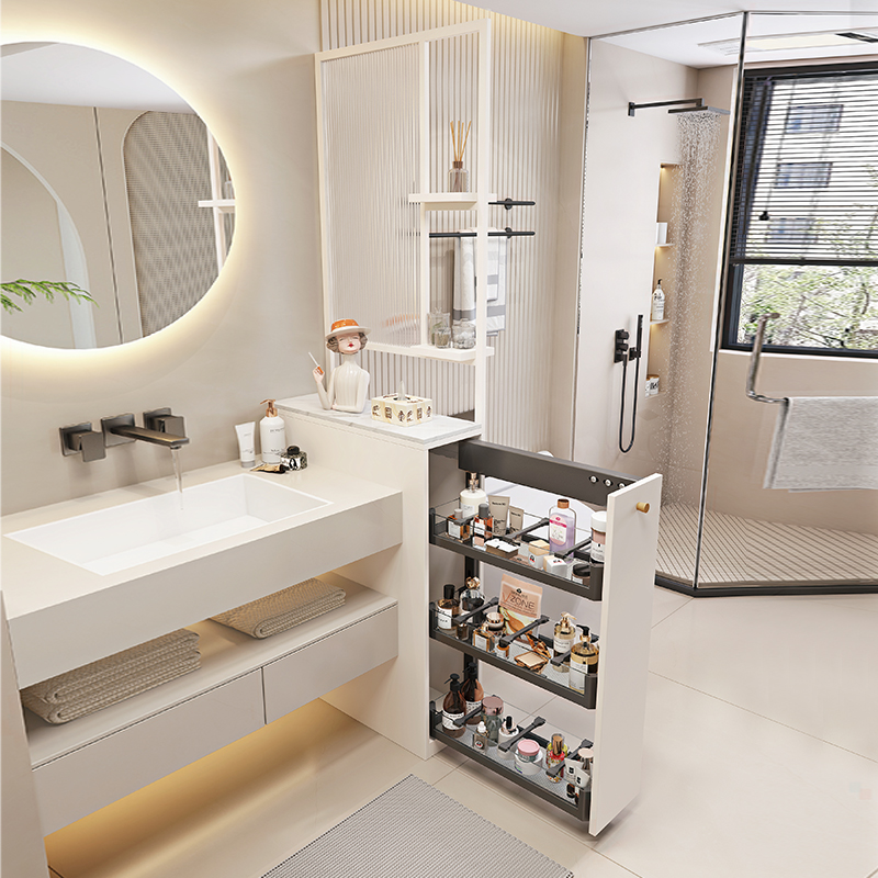 浴室边柜侧柜h岩板洗漱台卫生间收纳夹缝柜拉篮半墙防水隔断窄柜