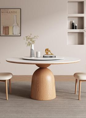 圆桌餐桌原木奶油风小户型家用带转盘白色饭桌德利丰圆形岩板餐桌