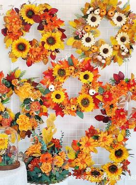 仿真枫叶南瓜花环秋季万圣节丰收节家居装饰品枫叶门挂件挂饰