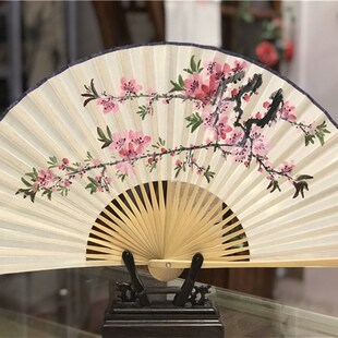 荣昌折扇 手绘 双面扇 桃花 舞台道具 9寸真丝 全手工