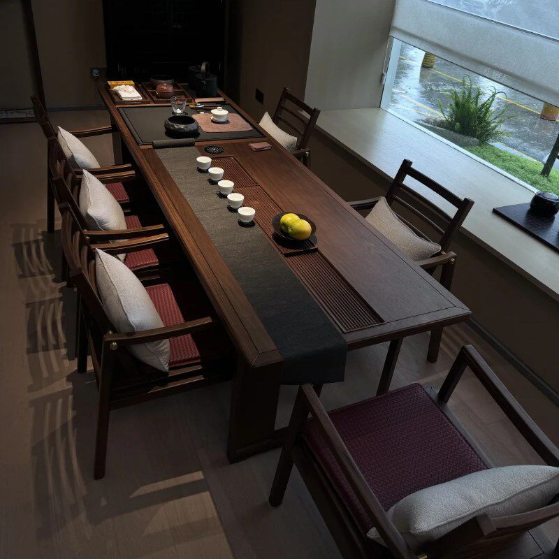 新中式茶桌现代简约轻奢一体侘寂风家用办公室嵌入式实木大板茶台
