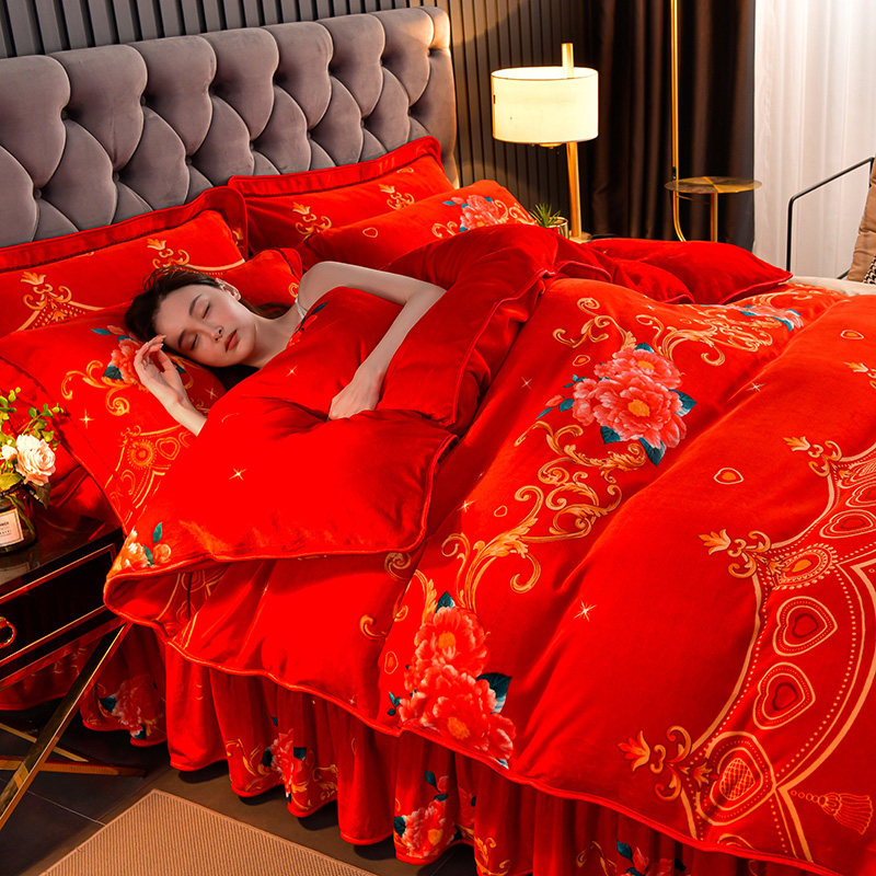 红色被套婚庆四件套牛奶珊瑚绒单件被罩加绒加厚保暖1.5 2米x2米3