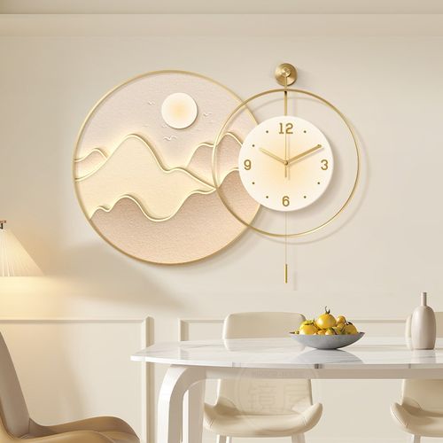 奶油风山水画客厅挂钟餐厅装饰画带钟表轻奢高级感餐桌背景墙壁画