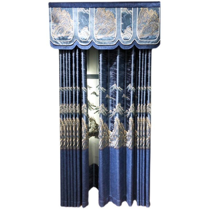 2021流行高档新中式复古奢华大气客厅卧室山水画绣花窗帘窗纱定制