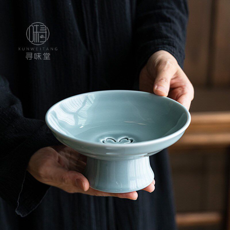 双层可分离式高脚茶点盘纯色雅致陶瓷零食盘点心盘家用沥水果盘