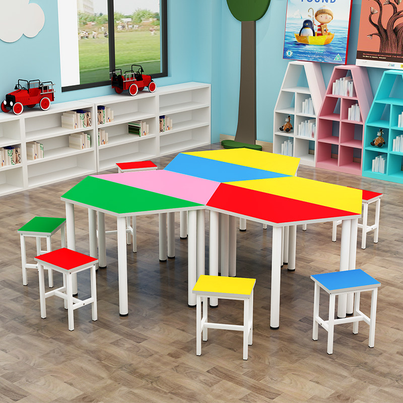 学生辅导培训课桌椅彩色梯形桌多边形六角拼接桌少儿W美术绘画桌