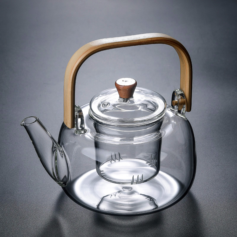 提梁壶耐高温玻璃泡茶壶竹木把手带过滤内胆透明煮茶壶电陶炉烧水