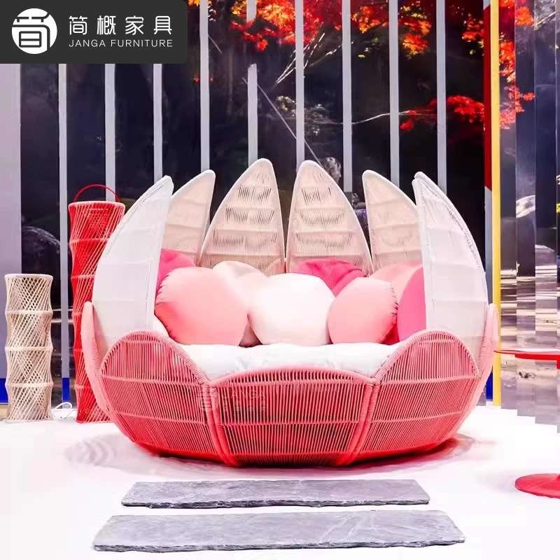 户外露台庭院沙发床防雨防晒藤编网红花瓣圆床休闲民宿度假沙发套