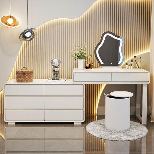 实木岩板奶油风梳妆台现代简约化妆台一体收纳柜桌卧室床头梳妆桌