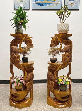 香樟木根雕松鹤延年花架客厅树根木雕摆件实木天然原木底座多款
