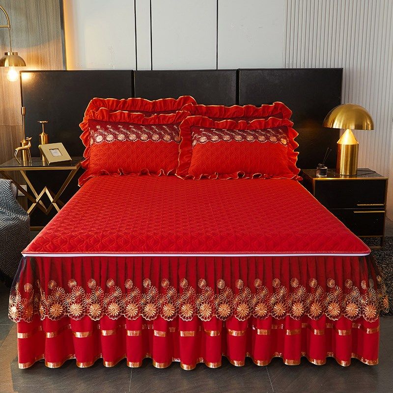 2024春季新款床裙床笠可拆卸床罩夹棉加厚带拉链欧式大红色结婚庆,床上用品,床裙,淘宝优惠券,粉丝福利购,淘宝优惠卷