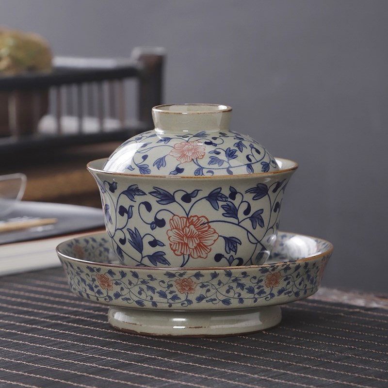 盖碗大号青花瓷茶杯三才复古釉里红功夫茶具敬茶碗套装陶瓷釉下彩