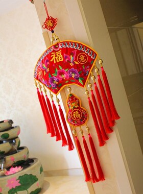 民族风刺绣扇形福禄挂件店铺餐馆家居装饰壁挂背景墙玄关福字壁饰