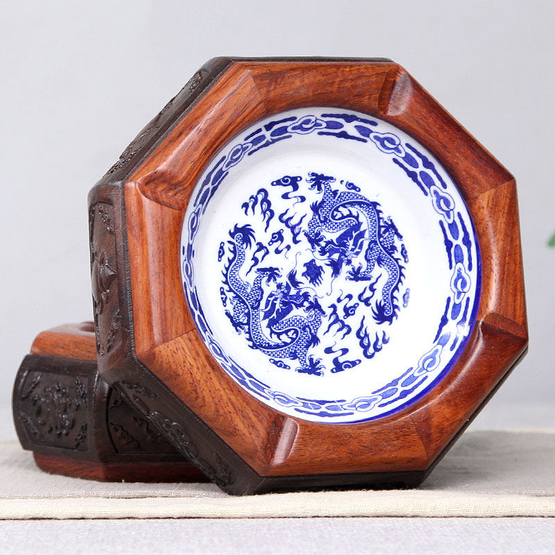 红木烟灰缸办公室客厅中式个性复古实木质潮流多功能瓷盆黑檀烟缸