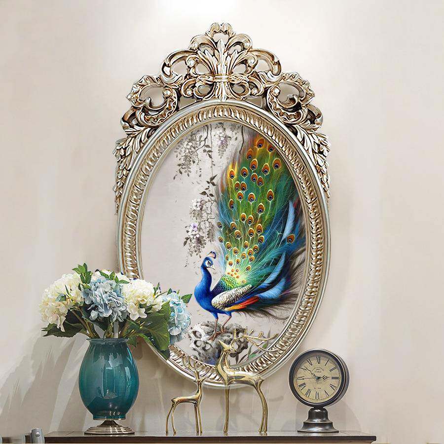 玄关装饰画欧式独特椭圆形挂画孔雀油画简欧走廊卧室壁画
