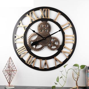 复古挂钟木质齿轮装 罗马工业风客厅钟表静音创意挂钟 饰墙钟个性