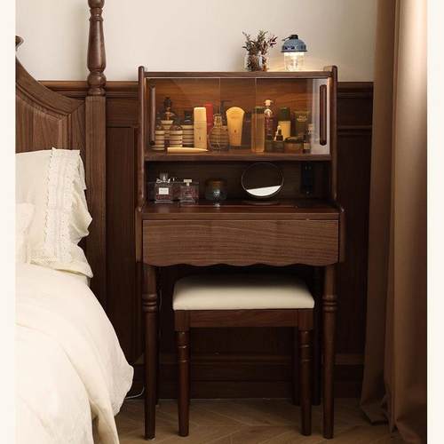 法式复古实木梳妆台北美黑胡桃木化妆台简约卧室家具中古化妆桌