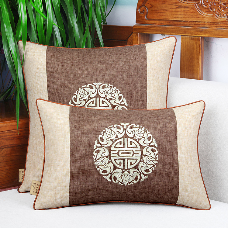 新中式刺绣红木沙发抱枕实木座垫靠垫中国风腰靠床W头靠背腰枕套