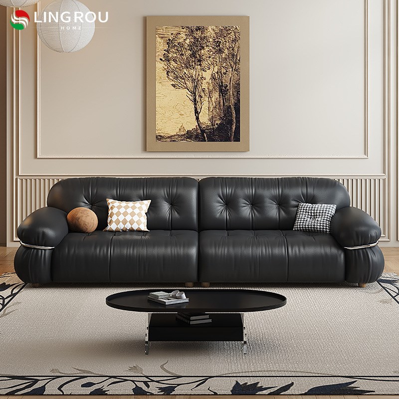 灵柔法式复古e风黑色真皮沙发客厅2023新款小户型直排中古云朵沙