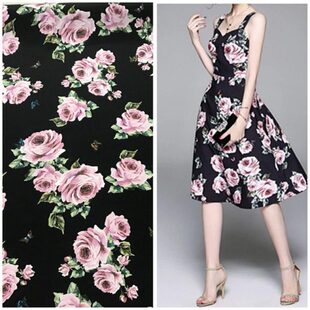 喷绘30姆米黑底玫瑰蝴蝶真丝印花弹力重绉加厚桑蚕丝绸旗袍裙面料