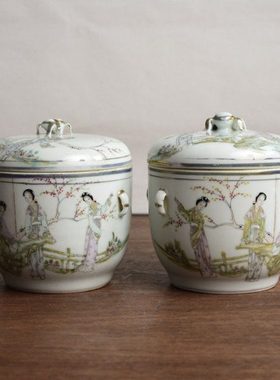 清代老式陶瓷工笔罐猪油罐糖罐带盖味精调味储物罐家用辣椒油罐盐