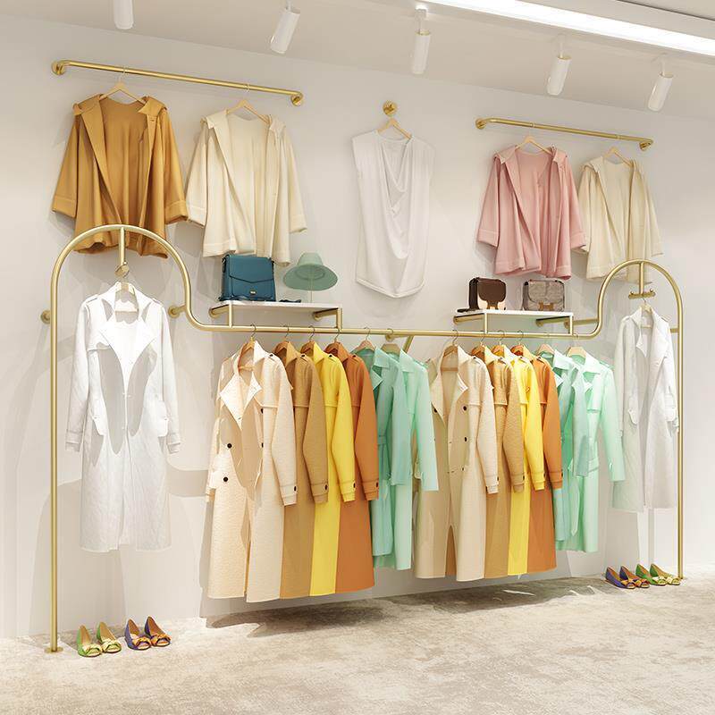 服装店展示架童装女装店陈列货架铁艺金色上墙落地式双正挂衣服架