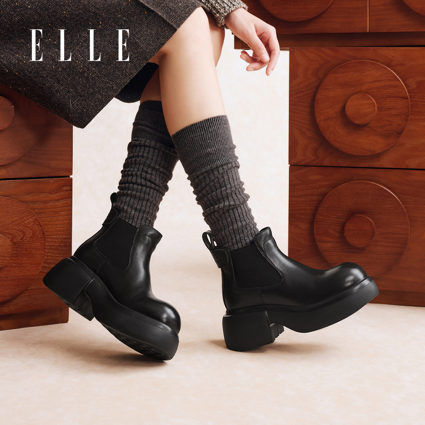 ELLE厚底切尔西靴女2025新款灰色靴子小个子秋冬季粗跟短靴马丁靴