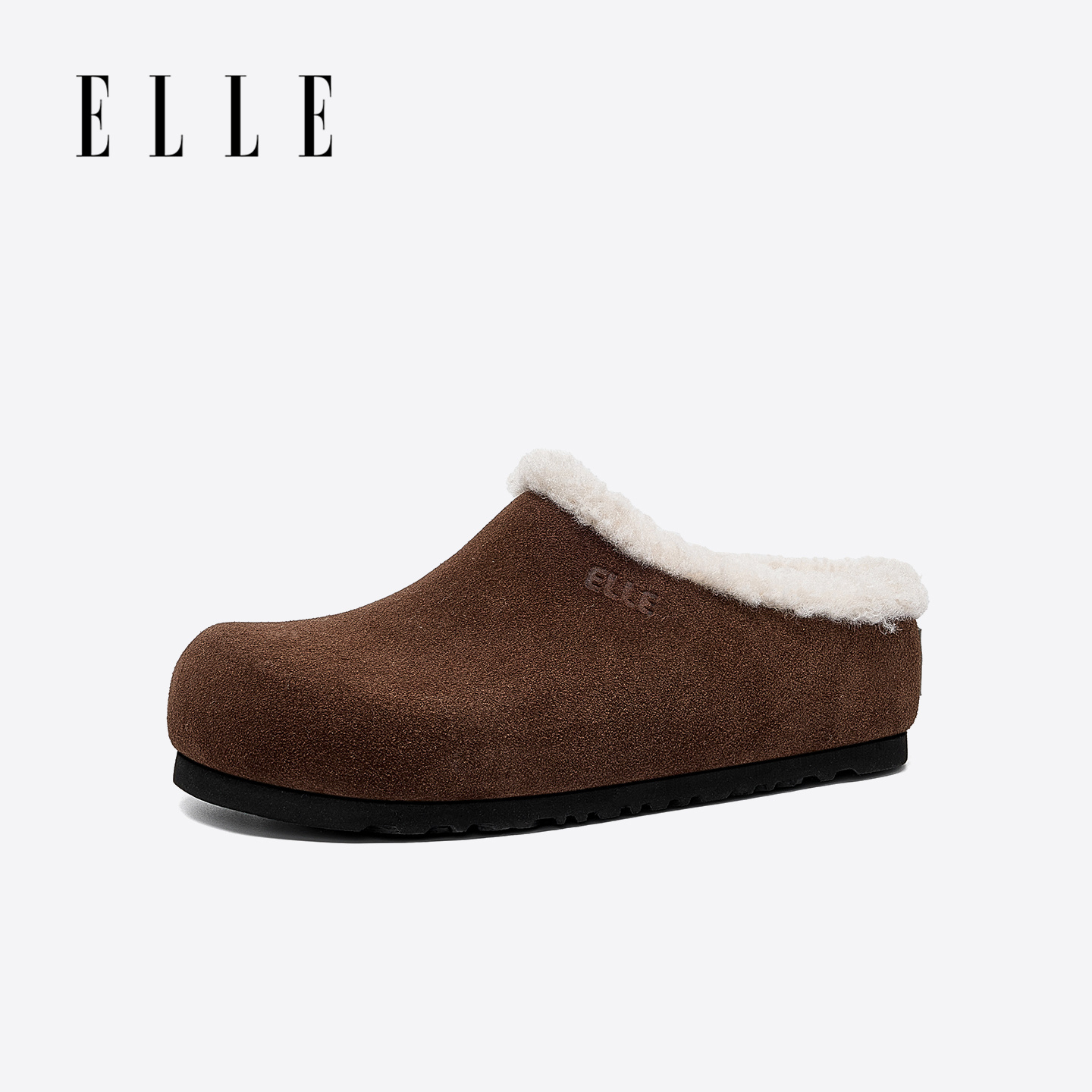 ELLE加绒加厚牛皮棉鞋女2025新款冬季包头毛绒雪地鞋一脚蹬勃肯鞋