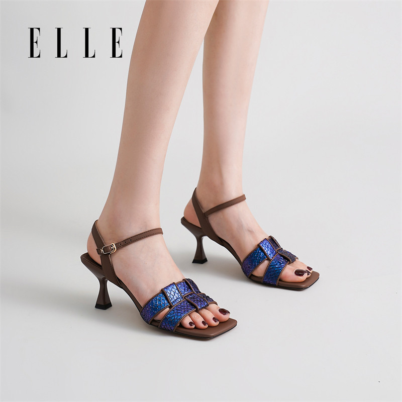 ELLE气质高跟凉鞋女款夏季新款羊皮软底一字扣细跟单鞋罗马鞋图片