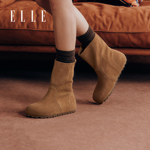 ELLE内增高冬季短靴女平底2025新款美拉德棕色靴子大筒围女靴西部