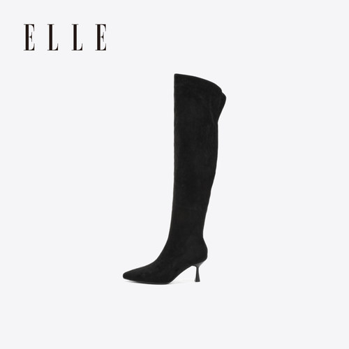 ELLE尖头细跟堆堆靴女2026冬季加绒复古褶皱长筒靴显瘦过膝靴