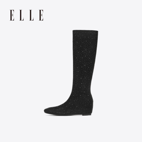 ELLE水钻长靴女款2026新款秋季尖头内增高瘦瘦靴加绒弹力靴