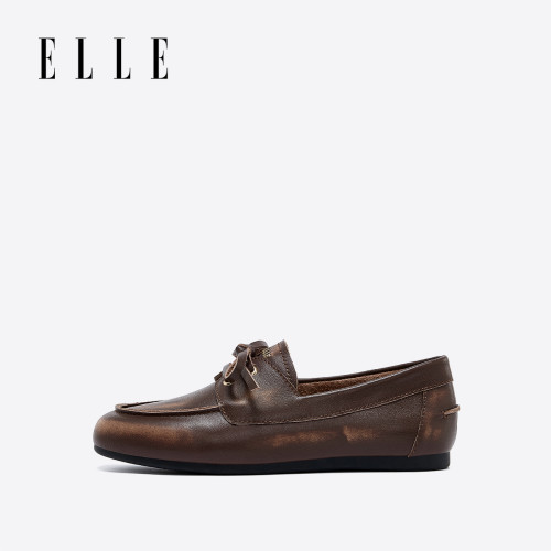 ELLE英伦真皮乐福鞋女鞋新款春夏通勤女鞋平底小皮鞋女单鞋