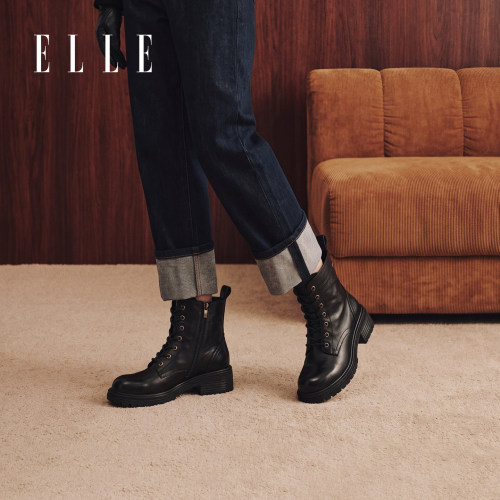 ELLE厚底增高马丁靴女2026新款秋季系带短靴户外工装靴英伦风