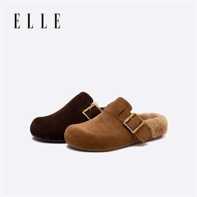 ELLE加绒勃肯鞋毛绒半托2025新款冬季一脚蹬内增高女鞋毛毛拖鞋冬