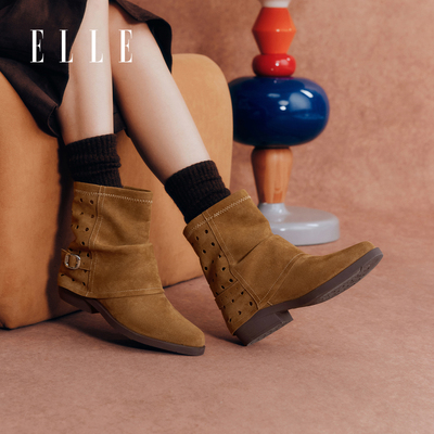 ELLE棕色靴子美拉德女2025新款冬季粗跟尖头增高西部牛仔靴马丁靴