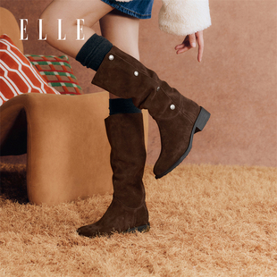 ELLE复古西部牛仔靴2025新款 秋冬两穿靴子磨砂绒面短靴厚底长筒靴
