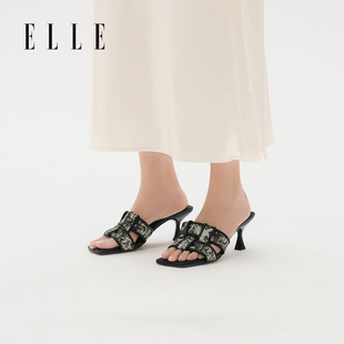 ELLE羊皮黑色凉鞋女款2025新款拖鞋女秋高跟鞋女士凉拖新中式鞋子